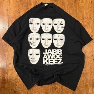 faded black Jabbawockeez graphic t-shirt, flaws shown in photos